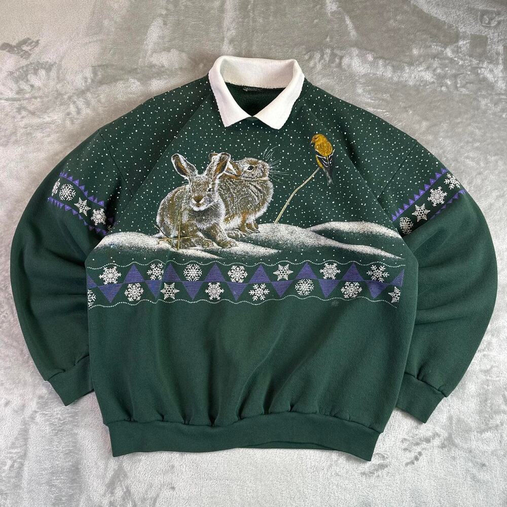 TG 90s Morning Sun Animal Scene Crewneck Sweatshirt Women’s 2XL Green Bunny Bird